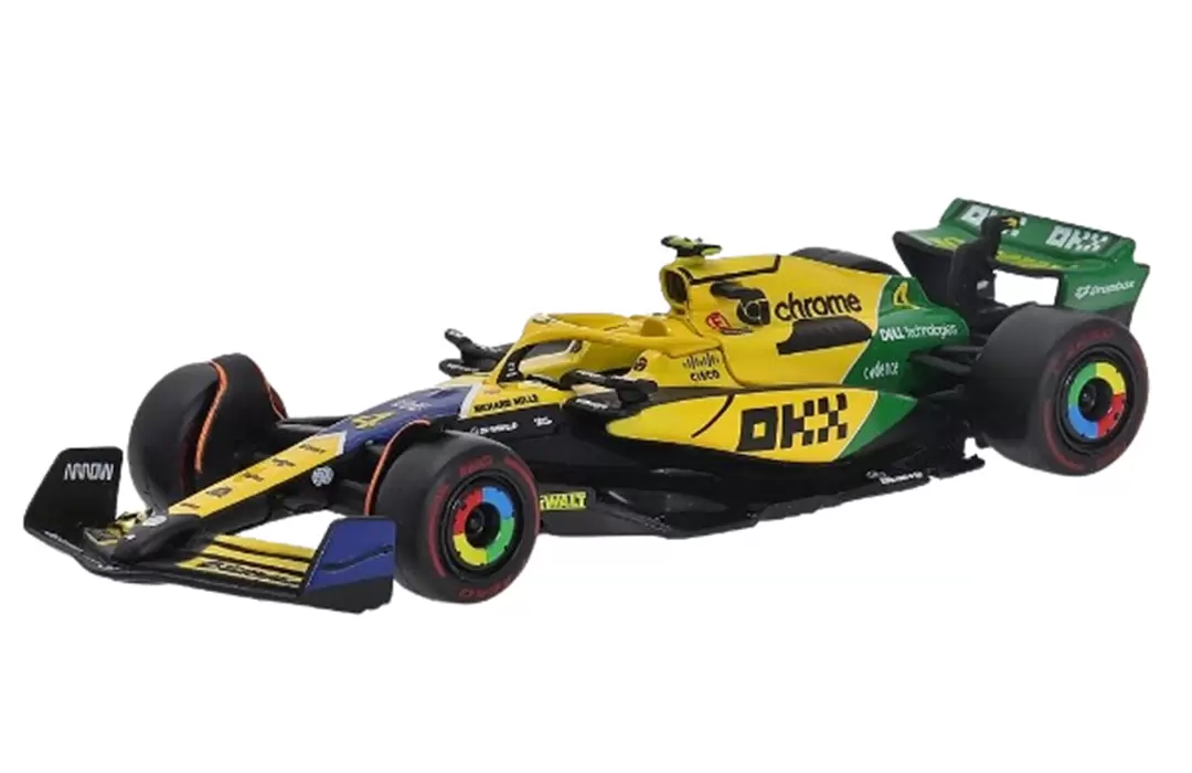 Foto da miniatura Bburago MCL38 Mônaco Grand Prix 2024 na cor Amarelo