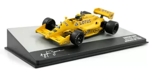 Foto da miniatura IXO Lotus 99T Honda Ayrton Senna 1987 na cor Amarelo