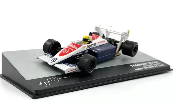 Foto da miniatura IXO Toleman TG184 Hart Ayrton Senna 1984 na cor Branco
