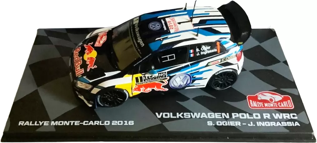 Foto da miniatura IXO Volkswagen Polo R WRC de Sébastien Ogier na cor Azul