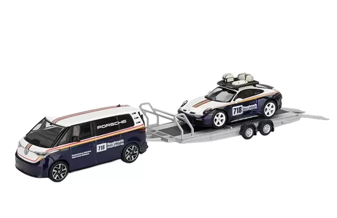 Foto da miniatura Mini GT Volkswagen ID. Buzz / Porsche 911 Dakar #718 na cor Azul