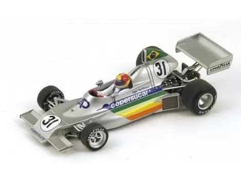 Foto da miniatura Spark Models Copersucar Fittipaldi FD02 Ingo Hoffmann Brasil GP #31 1976 na cor Prata