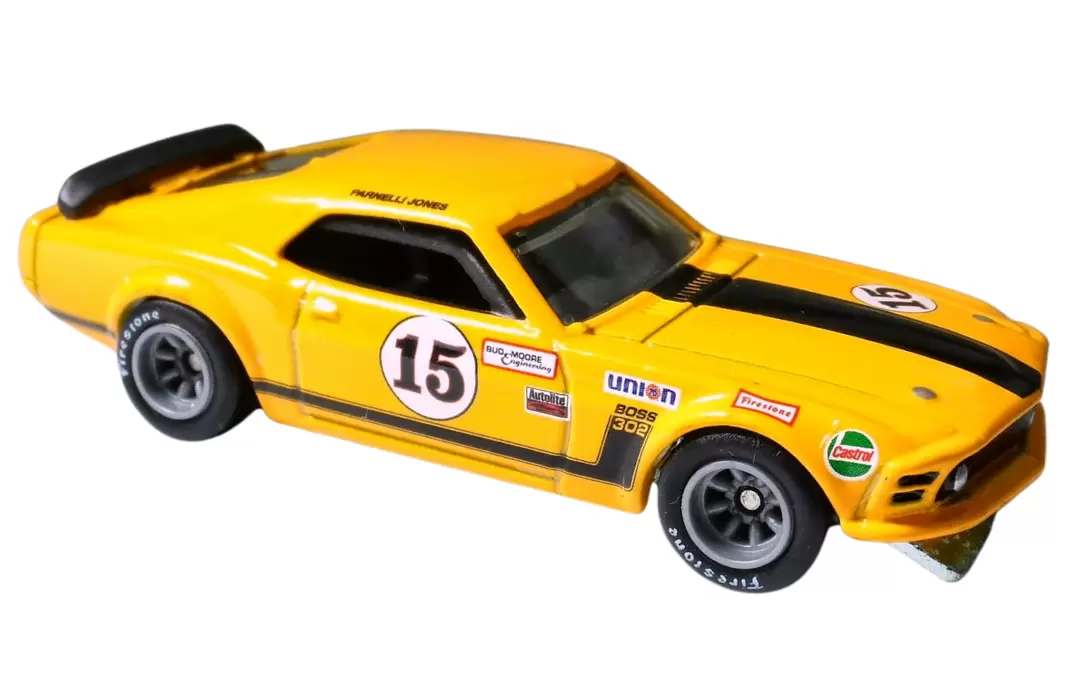 Foto da miniatura Hot Wheels Parnelli Jone's '70 Ford Mustang Boss 302 na cor Amarelo